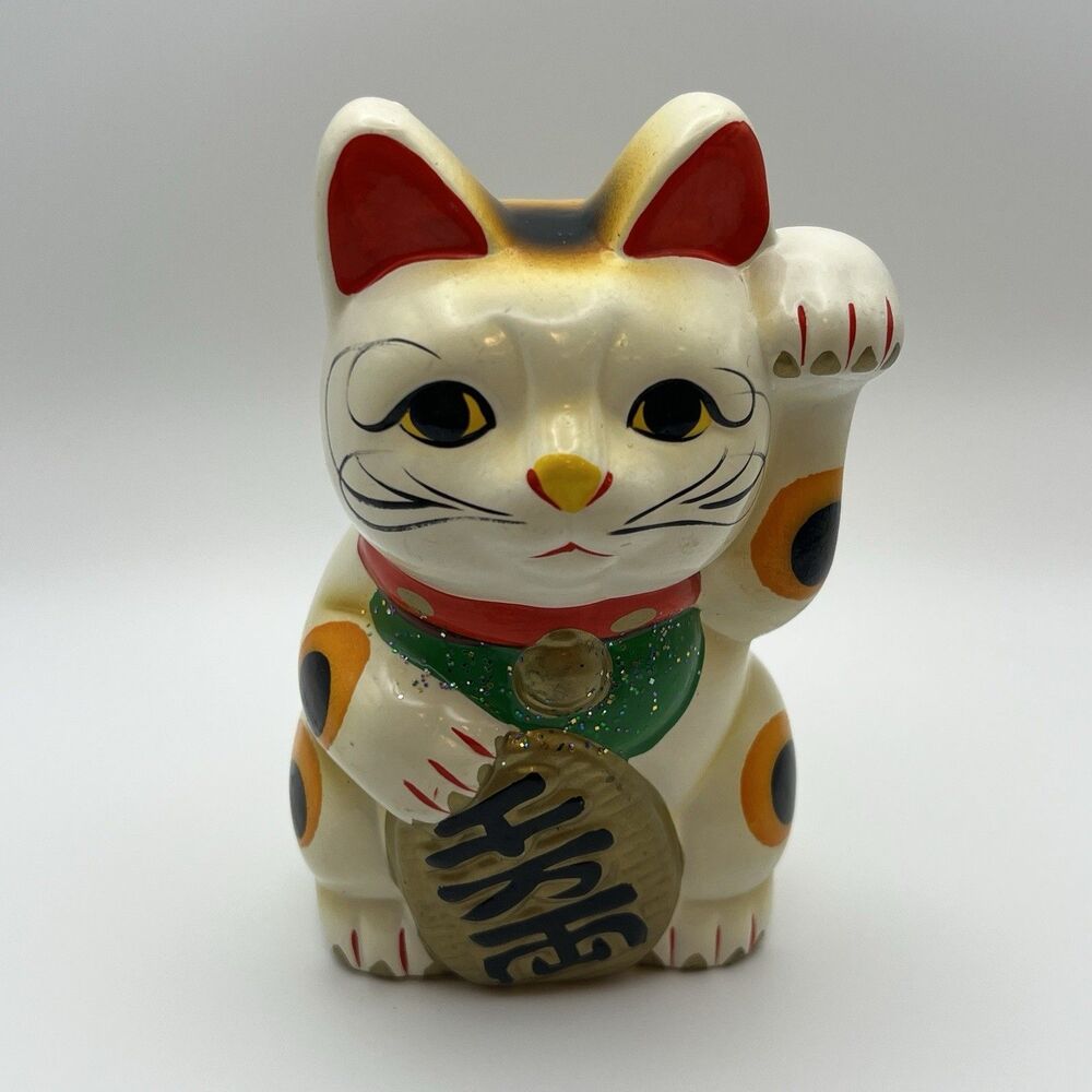 Japanese Welcome Happy Right Hand Maneki Neko Cat 6" Tall Coin Bank NEW